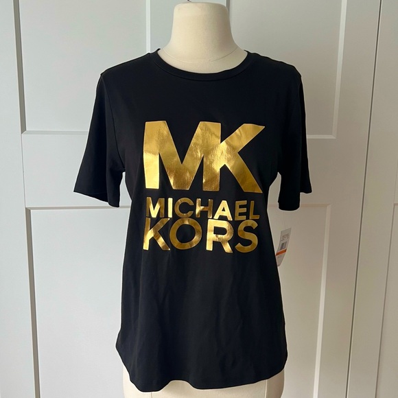 Micha Kors Golden Logo Black Short Sleeve T shirt Top size Small - Picture 1 of 9